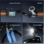 isinwheel Ucity details: LCD screen, 7-speed shifter, front suspension fork and LED headlight