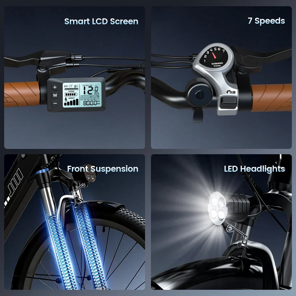 isinwheel Ucity details: LCD screen, 7-speed shifter, front suspension fork and LED headlight